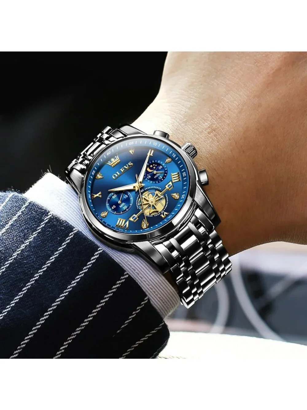 Men's Blue / Black Stainless Steel Chronograph Waterproof Quartz Dress Watch_2